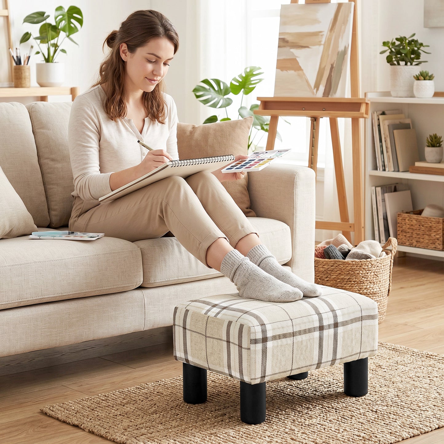 HOMCOM Linen Fabric Footstool Ottoman Cube With 4 Plastic Legs Multicolored Upholstered Stool For Living Room