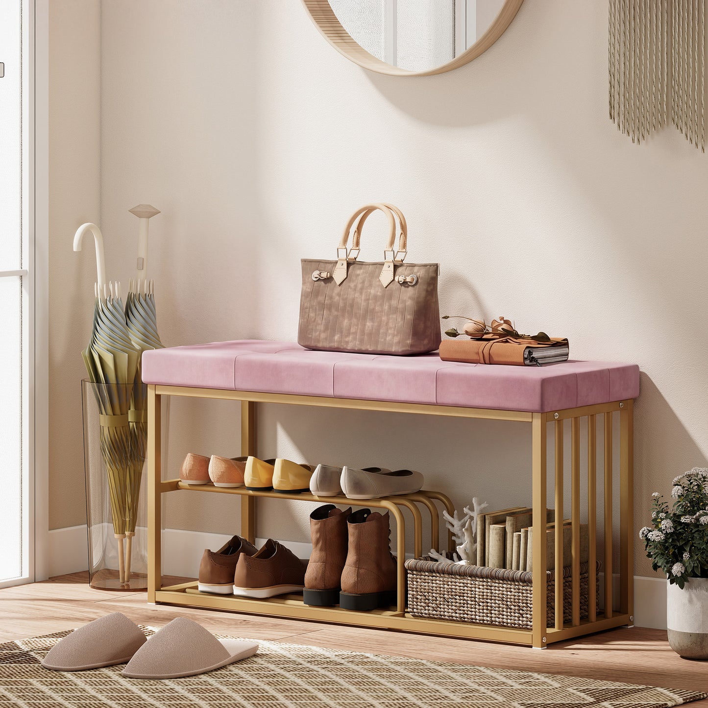 HOMCOM Tufted Shoe Storage Bench With Velvet Seat Pink And Gold Steel Frame For Entryway Holds Eight Pairs