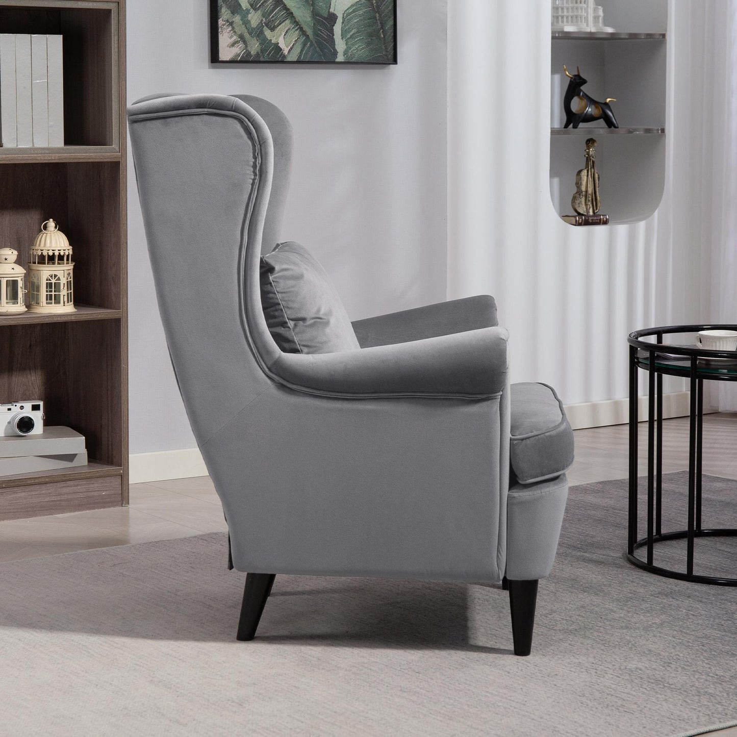HOMCOM Modern Velvet Wingback Reading Chair With High Backrest And Removable Pillow Cover Solid Wood Legs Dark Grey
