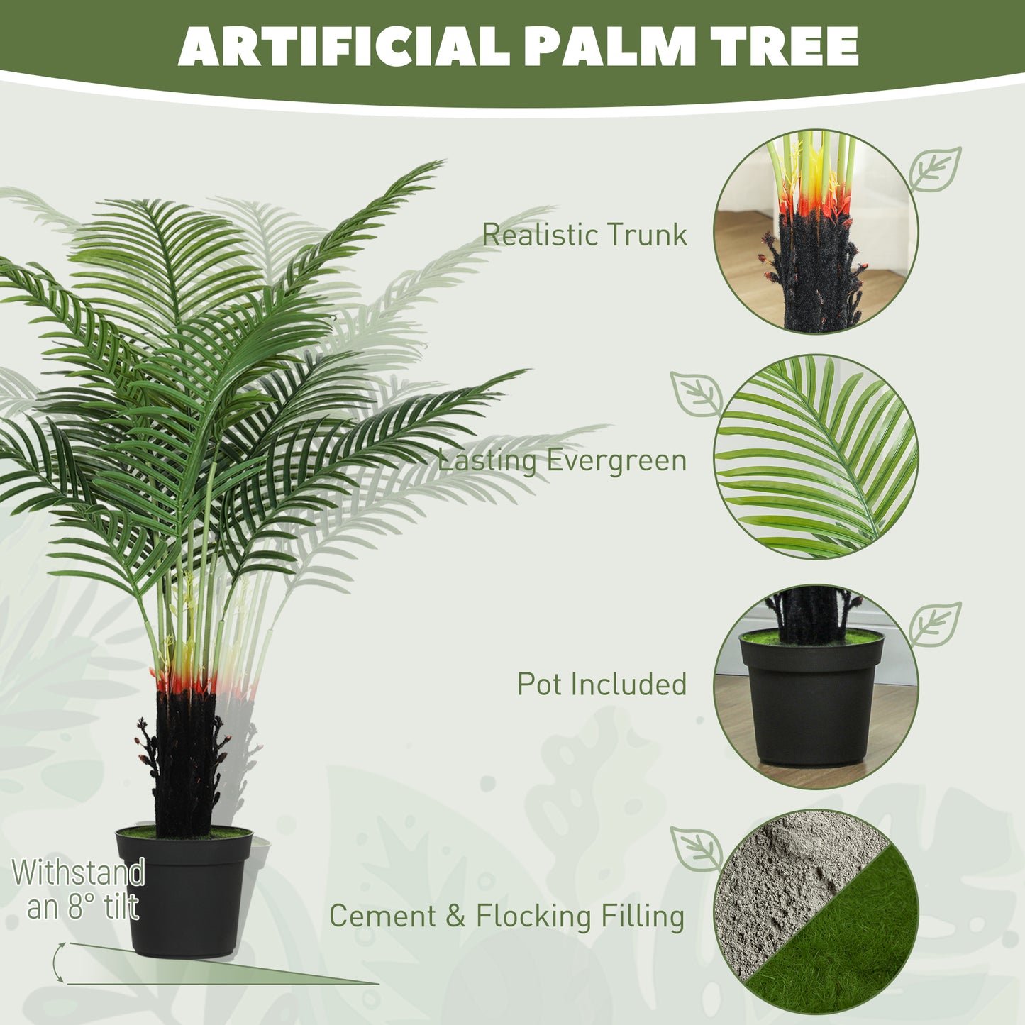 HOMCOM 120cm Artificial Areca Palm Tree With 9 PE Leaves Plastic Pot Flocked Soil Decorative Plant Home Office Green