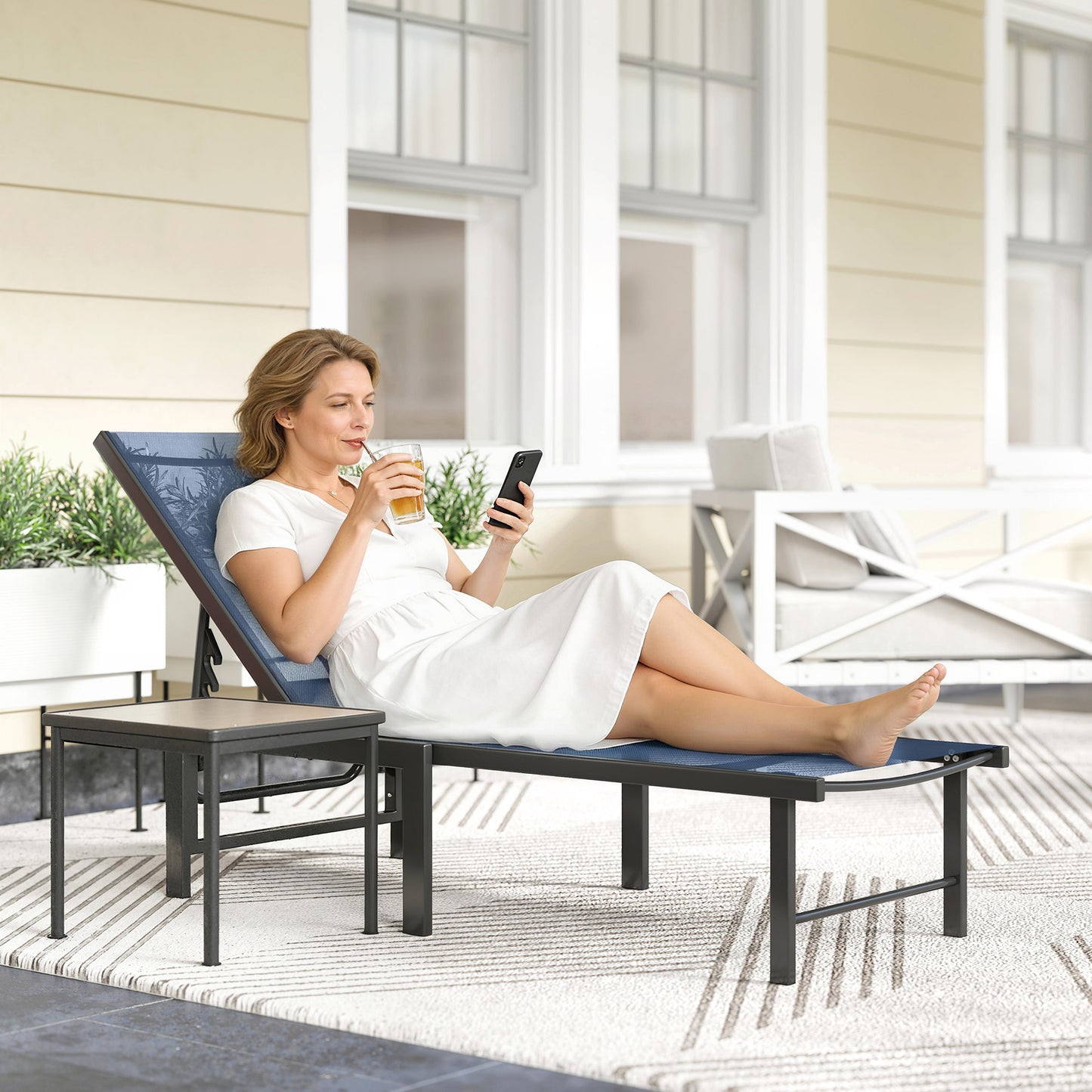 Outsunny Reclining Sun Lounger Dark Blue for Garden with Five Position Backrest and Texteline Seat