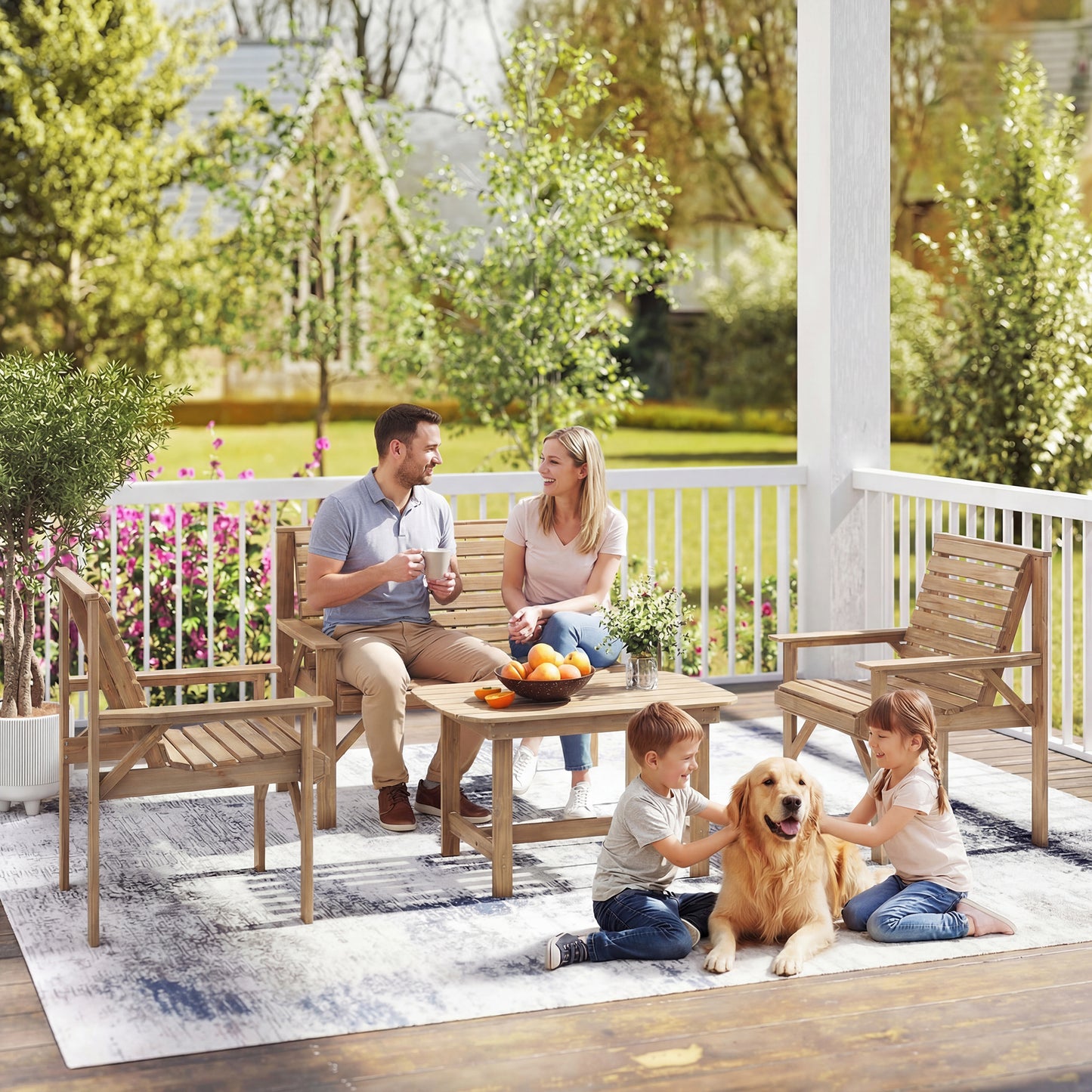 Outsunny 4 Piece Wooden Garden Furniture Set With Two Armchairs Loveseat And Coffee Table Natural Wood Finish