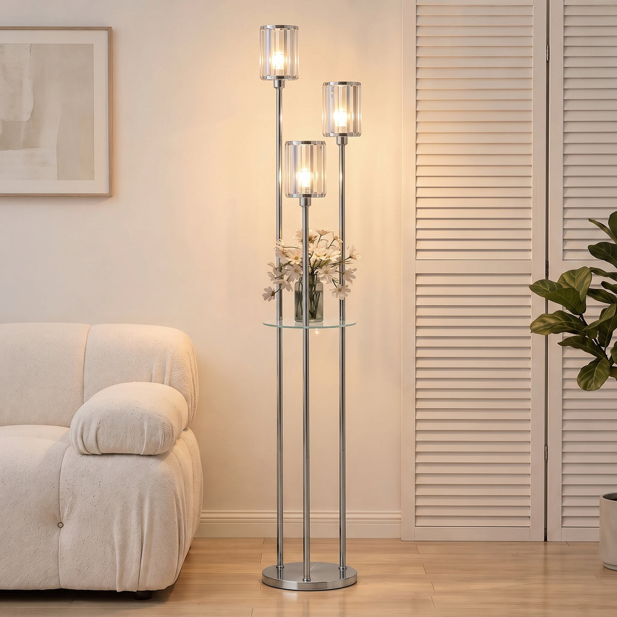 Tall chrome crystal floor lamp with three glass shades and dual-tier glass shelves