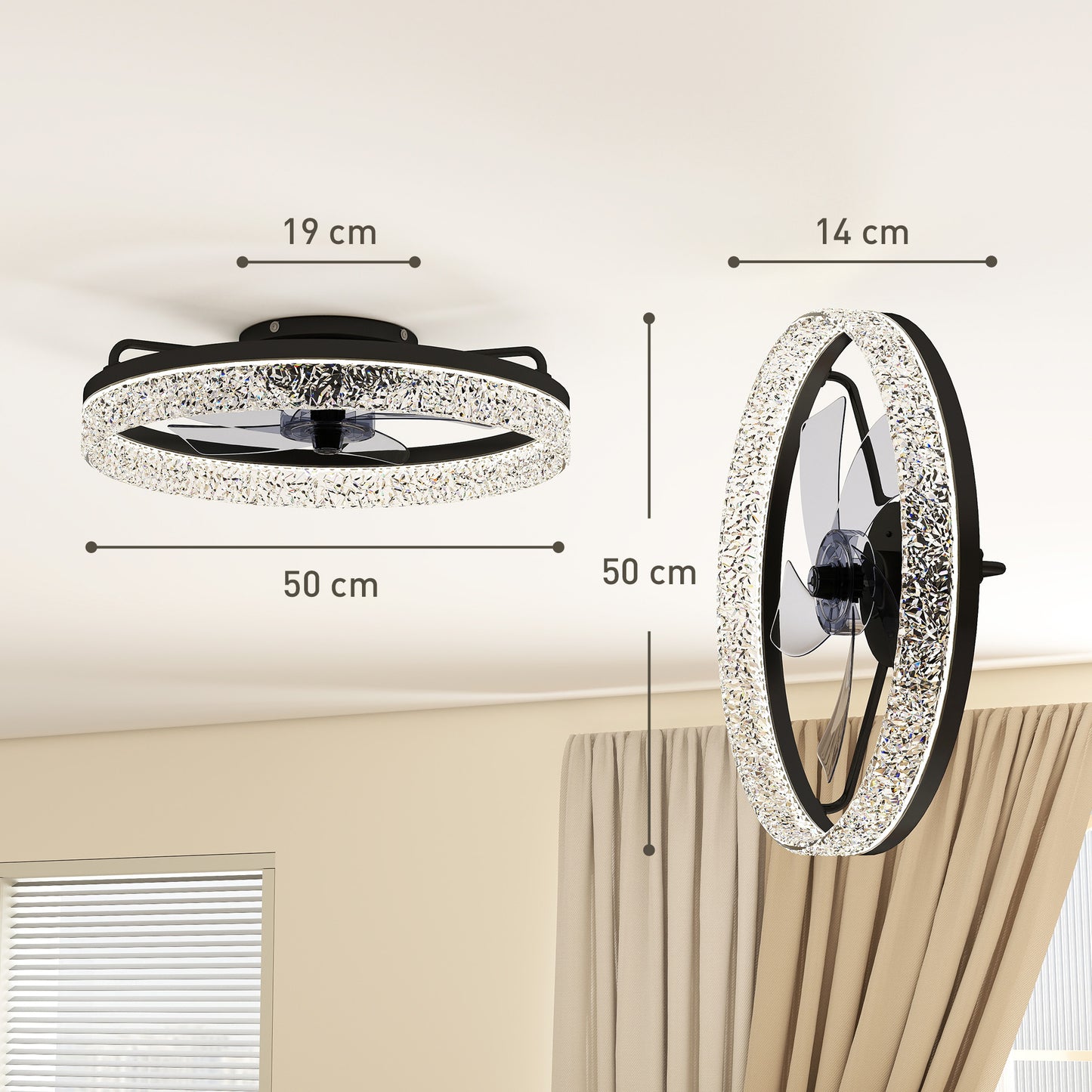 HOMCOM Ceiling Fan With Lights Dimmable LED Mount Ceiling Fan Light With Remote App Control For Bedroom Black