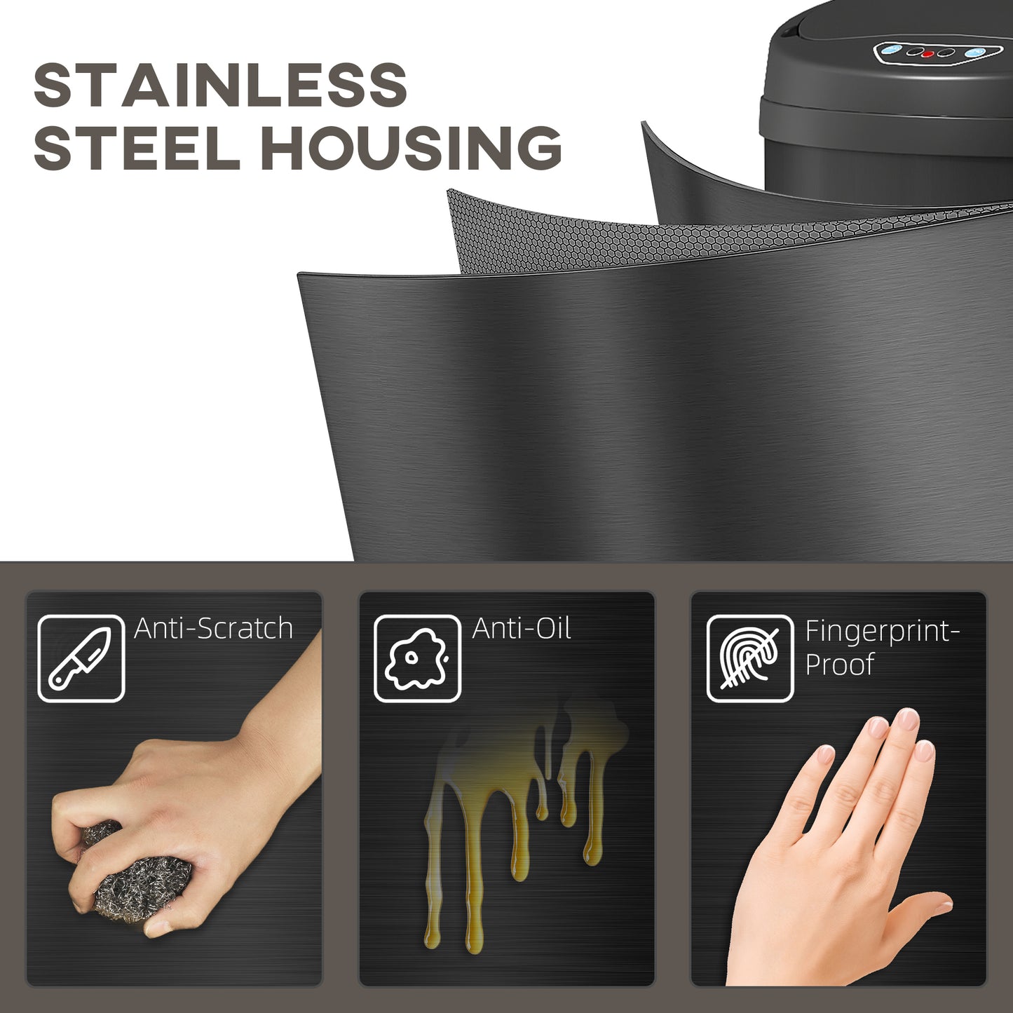HOMCOM 30L Stainless Steel Sensor Bin Auto Open Hands Free Lid For Modern Kitchen Black