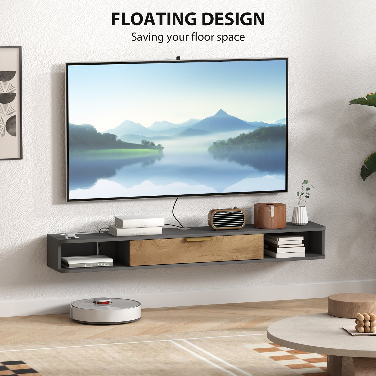 Homcom 140cm Floating Tv Stand With Storage Charcoal Wall Mounted Tv Cabinet Two Open Compartments And Cable Management