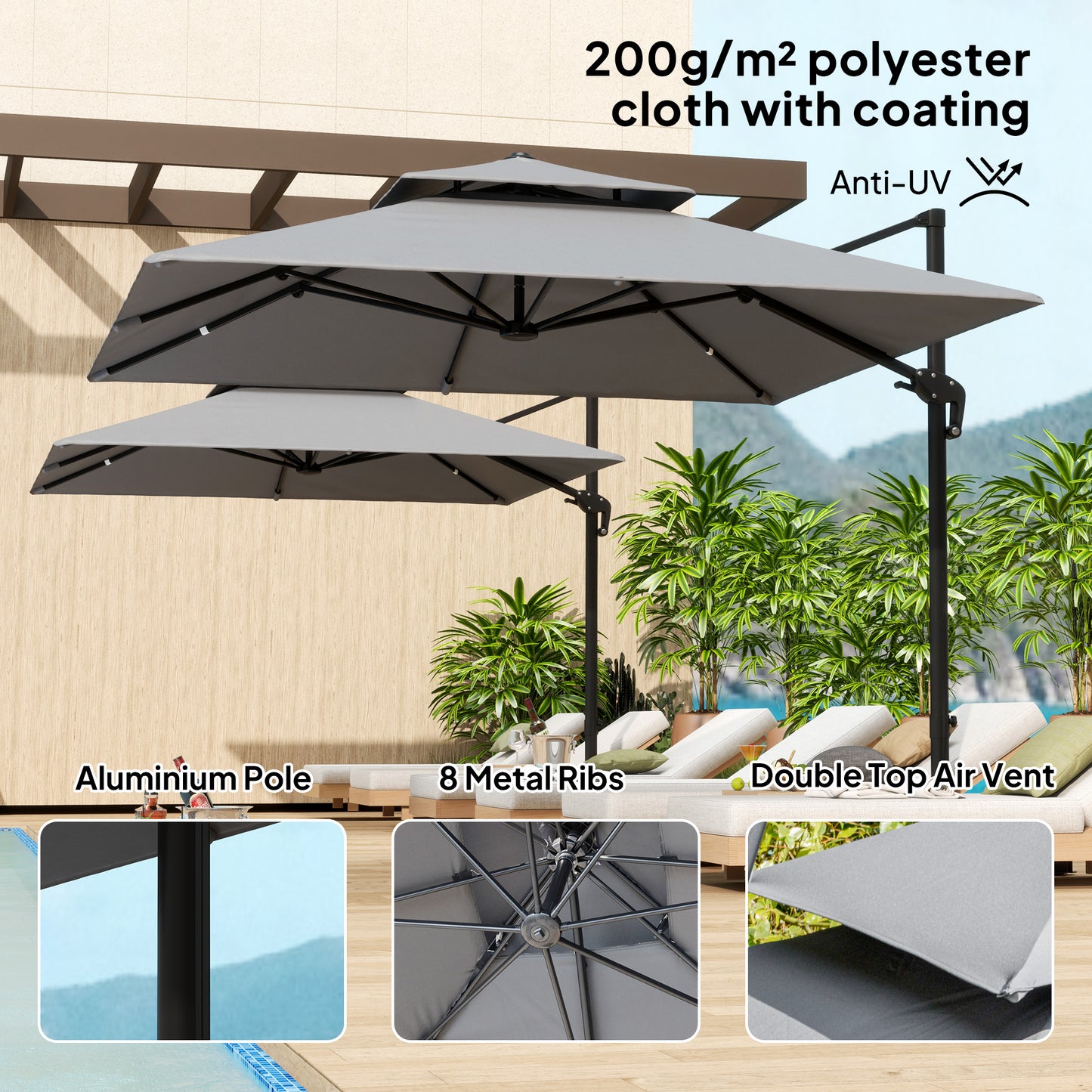 Outsunny Cantilever Parasol 3x3m Aluminum Frame Crank Tilt 360 Degree Rotation Double Top Garden Umbrella With Cover