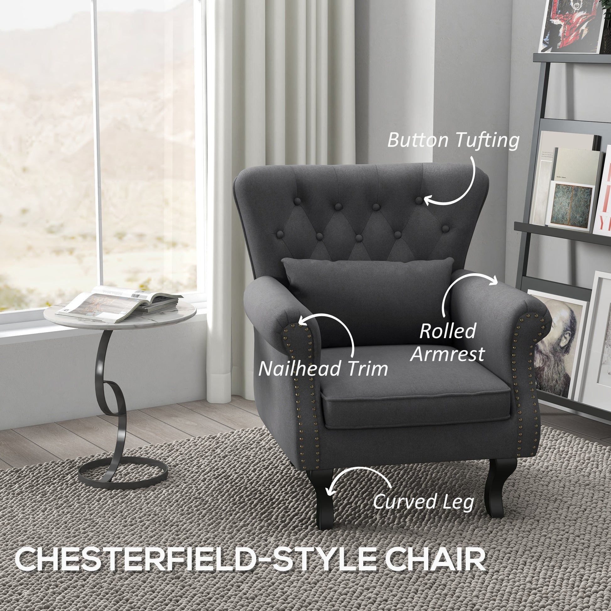 HOMCOM Chic Dark Grey Chesterfield Wingback Accent Chair with Tufted Upholstery and Lumbar Pillow - ALL4U RETAILER LTD