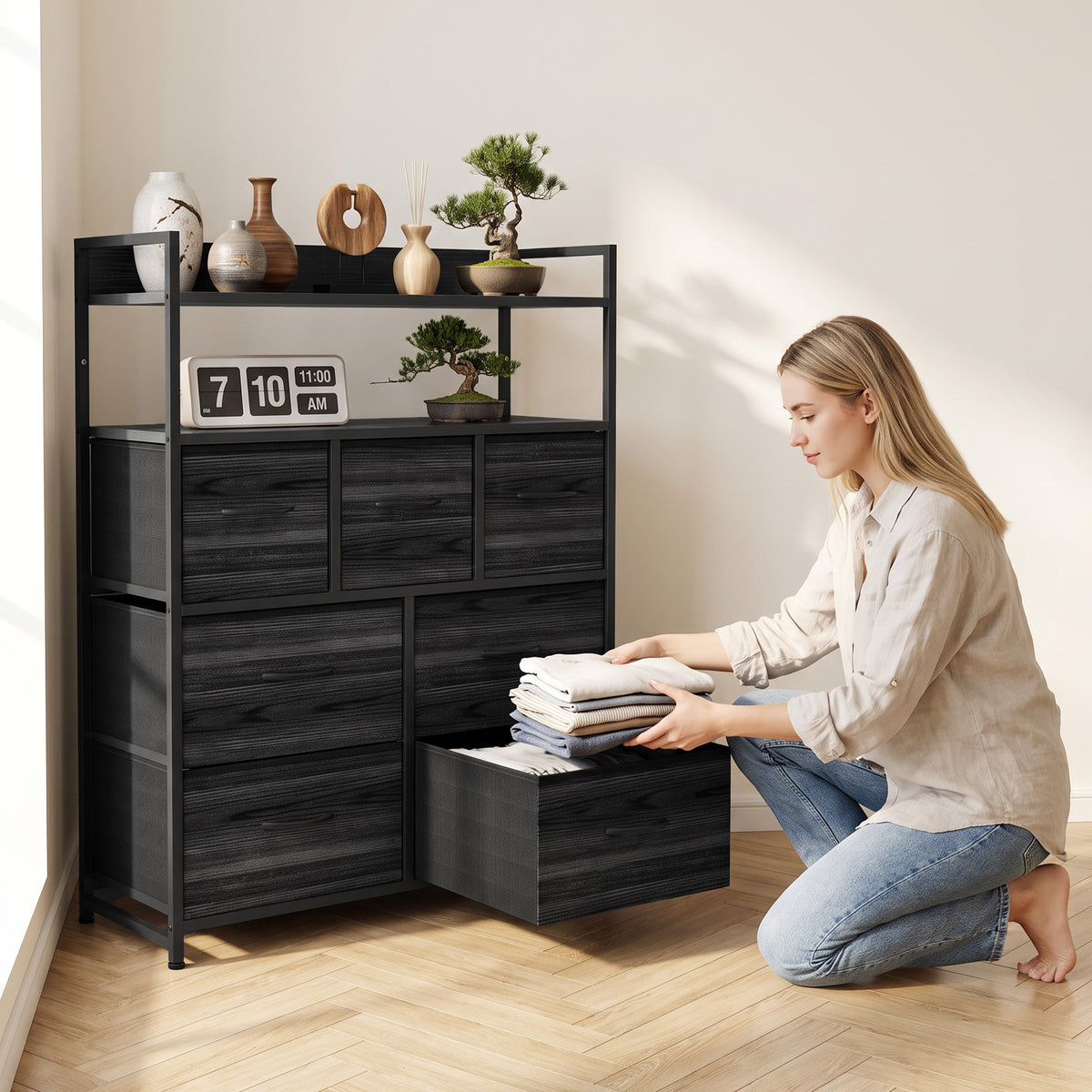Fabric dresser with open shelves and seven drawers in black wood-effect, front view