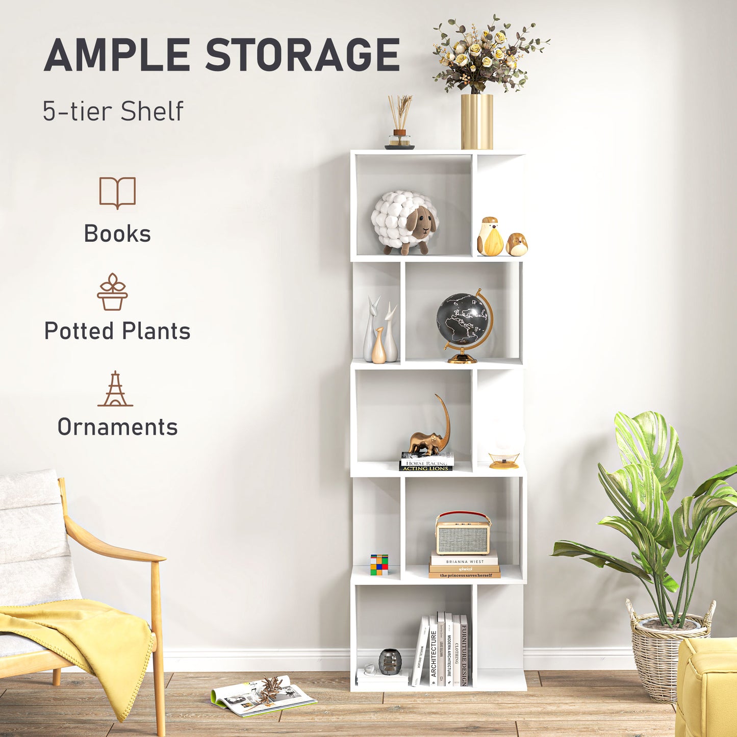 HOMCOM White S Shaped Bookcase Five Tier Freestanding Open Back Wood Display Shelf For Home Office