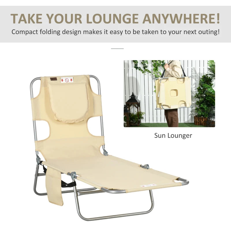 Outsunny Foldable Sun Lounger with Reading Hole, Arm Slots, 5-Position Adjustable Backrest, Side Pocket, Pillow - Beach Chaise Lounge for Patio, Garden, Pool - Beige - ALL4U RETAILER LTD