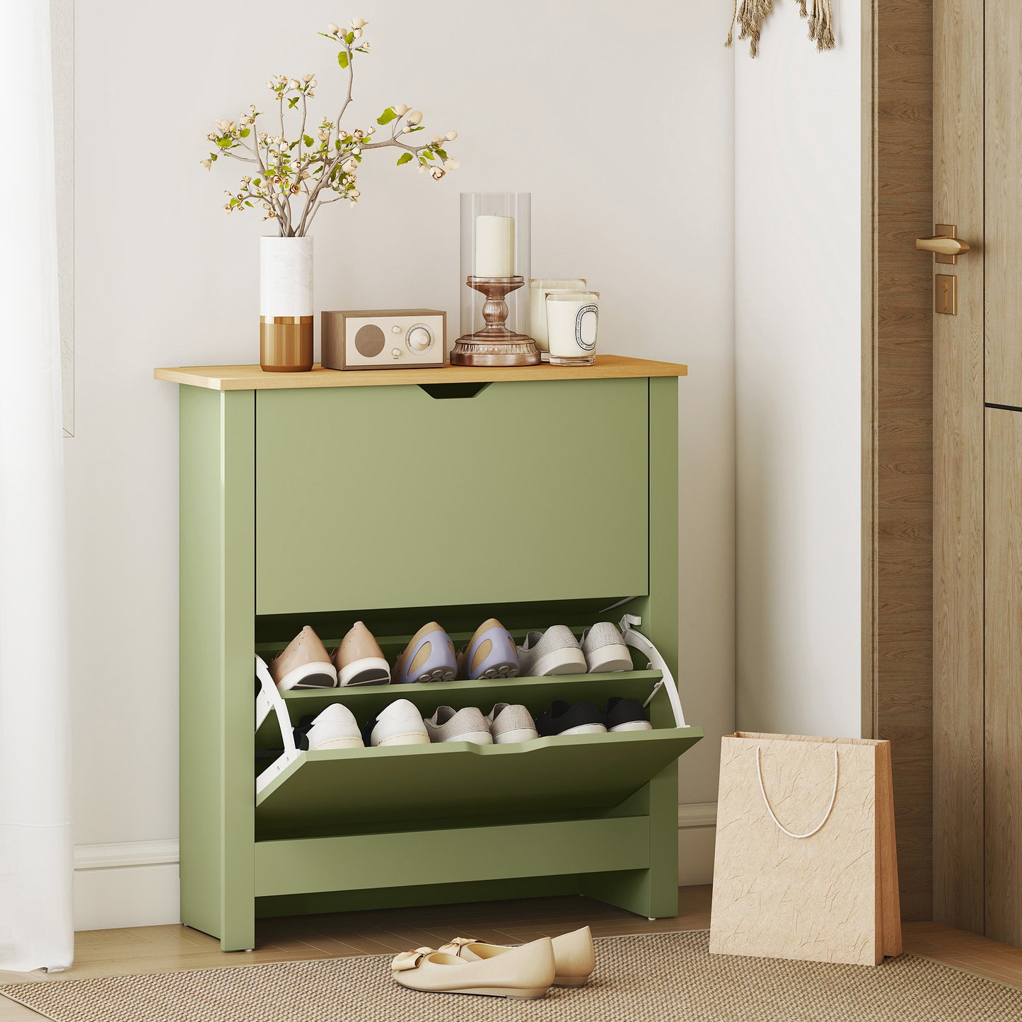 HOMCOM Slim Narrow Shoe Cabinet With 2 Flip Drawers And Adjustable Shelves Holds 12 Pairs Green