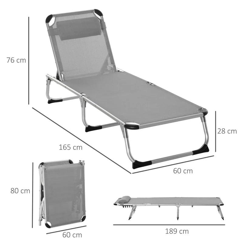 Outsunny Foldable Reclining Sun Lounger Lounge Chair with Pillow - 4-Level Adjustable Back, Aluminium Frame, Grey - ALL4U RETAILER LTD