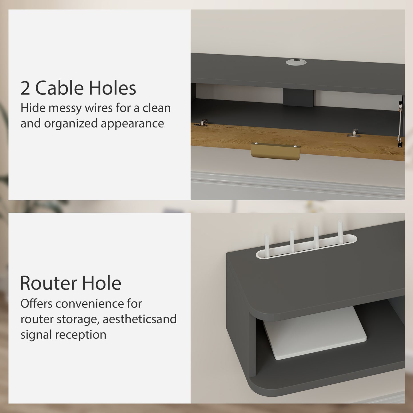 Homcom 140cm Floating Tv Stand With Storage Charcoal Wall Mounted Tv Cabinet Two Open Compartments And Cable Management