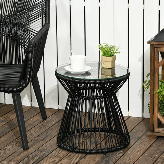 Outsunny Round End Table, Rattan Side Table, Hollow Drum Design Coffee Table w/ Glass Tabletop for Patio, Garden, Balcony Black - ALL4U RETAILER LTD