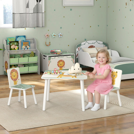 AIYAPLAY 3 Piece Toddler Table and Chair Set with 2 Chairs Green Animal Print Safe Edges for Playroom