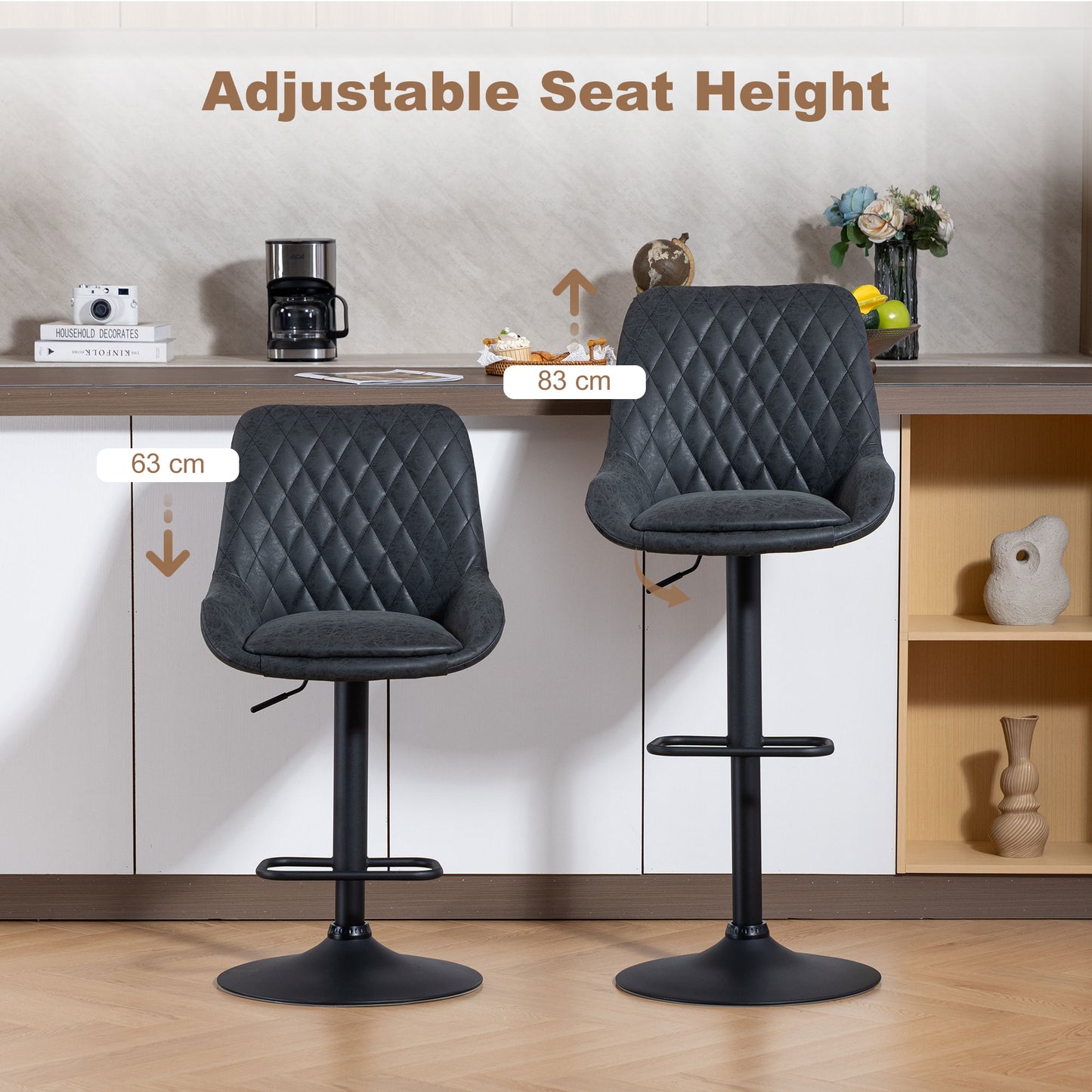 HOMCOM Set Of Two Faux Leather Retro Bar Stools Black With Padded High Back And Adjustable Height 63 To 83 Cm