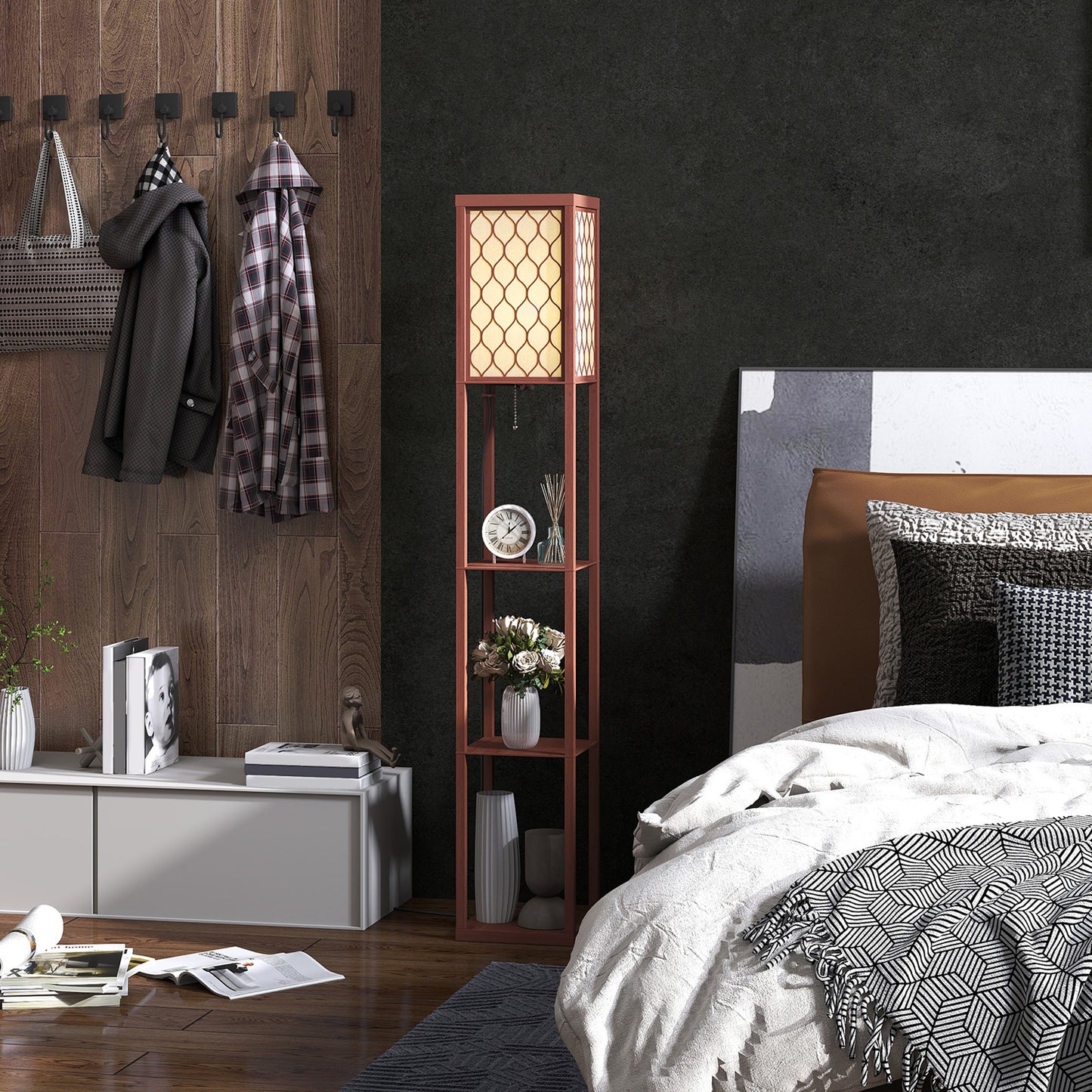 HOMCOM Three Shelf Standing Lamp Brown And White With Overhead Reading Light And Storage Shelves