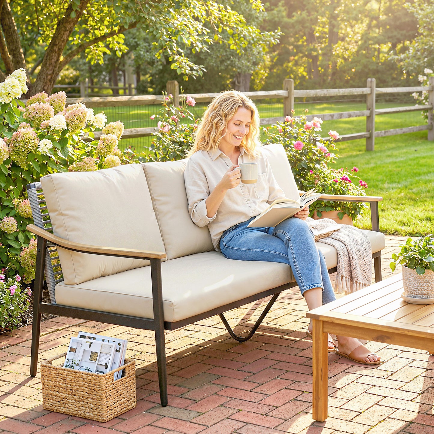 Outsunny 3 Seater Rattan Sofa Outdoor Garden Sofa With Wood Effect Armrests Cushions For Patio Balcony Khaki