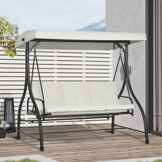 Outsunny 3 Seater Canopy Swing Chair 2 In 1 Garden Swing Seat Bed With Adjustable Canopy And Metal Frame Cream White