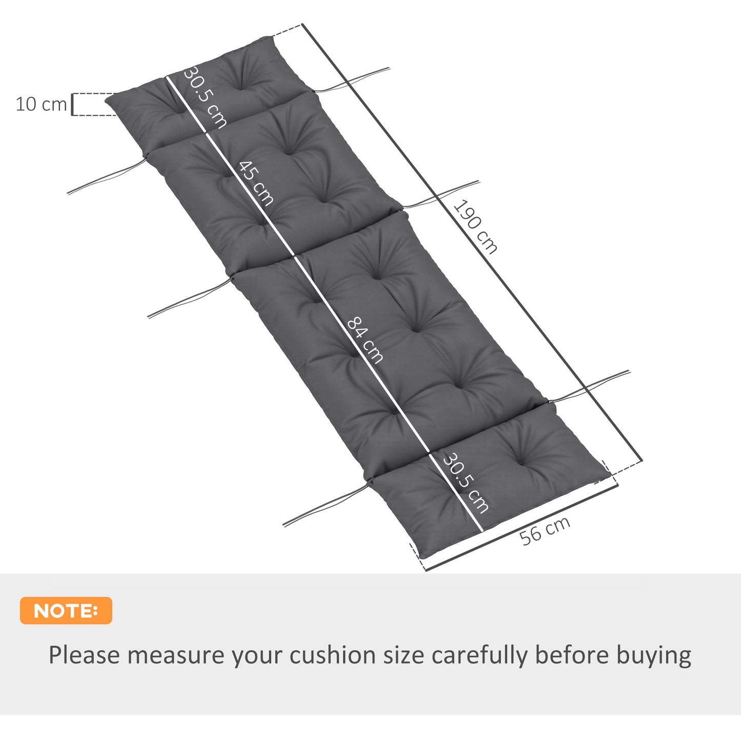 Outsunny Sun Lounger Cushions 190x56x10cm Two Pack With 6 Ties UPF20 Plus 220GSM Fabric Thick Dark Grey