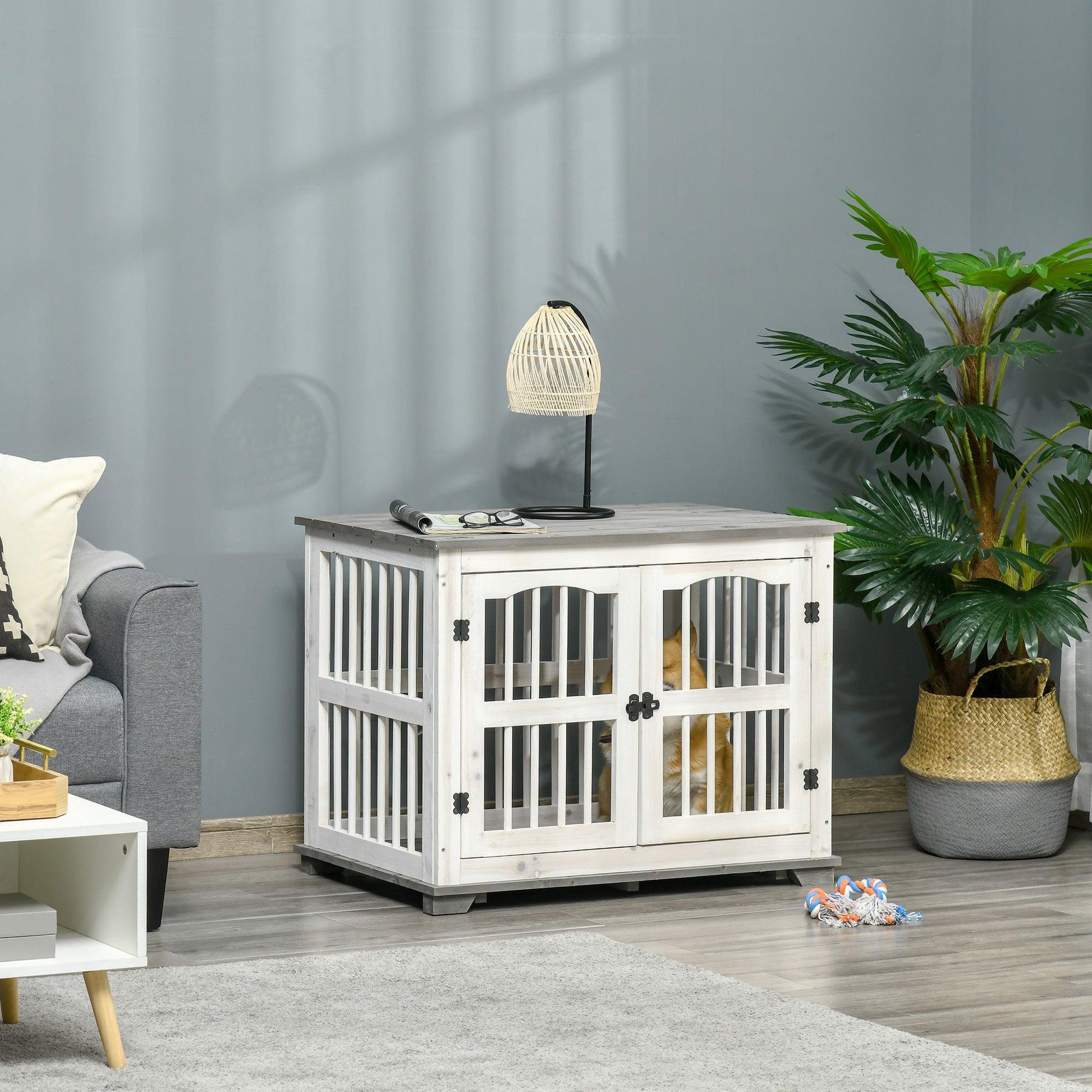 PawHut White Wooden Dog Crate Furniture for Small-Medium Dogs, Indoor, 85.5 x 59.5 x 68 cm - ALL4U RETAILER LTD