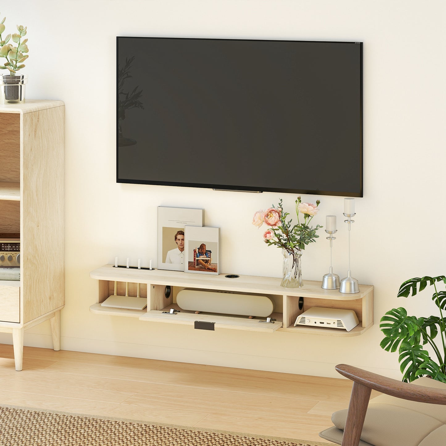 HOMCOM 120 Cm Floating TV Unit Wall Mounted For TVs Up To 50 Inch Natural Finish With Concealed Cables And Drawer