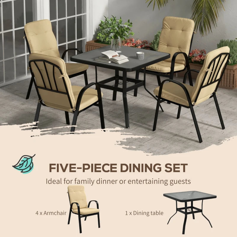 Outsunny 5-Piece Outdoor Square Garden Dining Set with Tempered Glass Dining Table, 4 Cushioned Armchairs, Umbrella Hole - Beige | Stylish Patio Furniture Ensemble for Al Fresco Dining - ALL4U RETAILER LTD