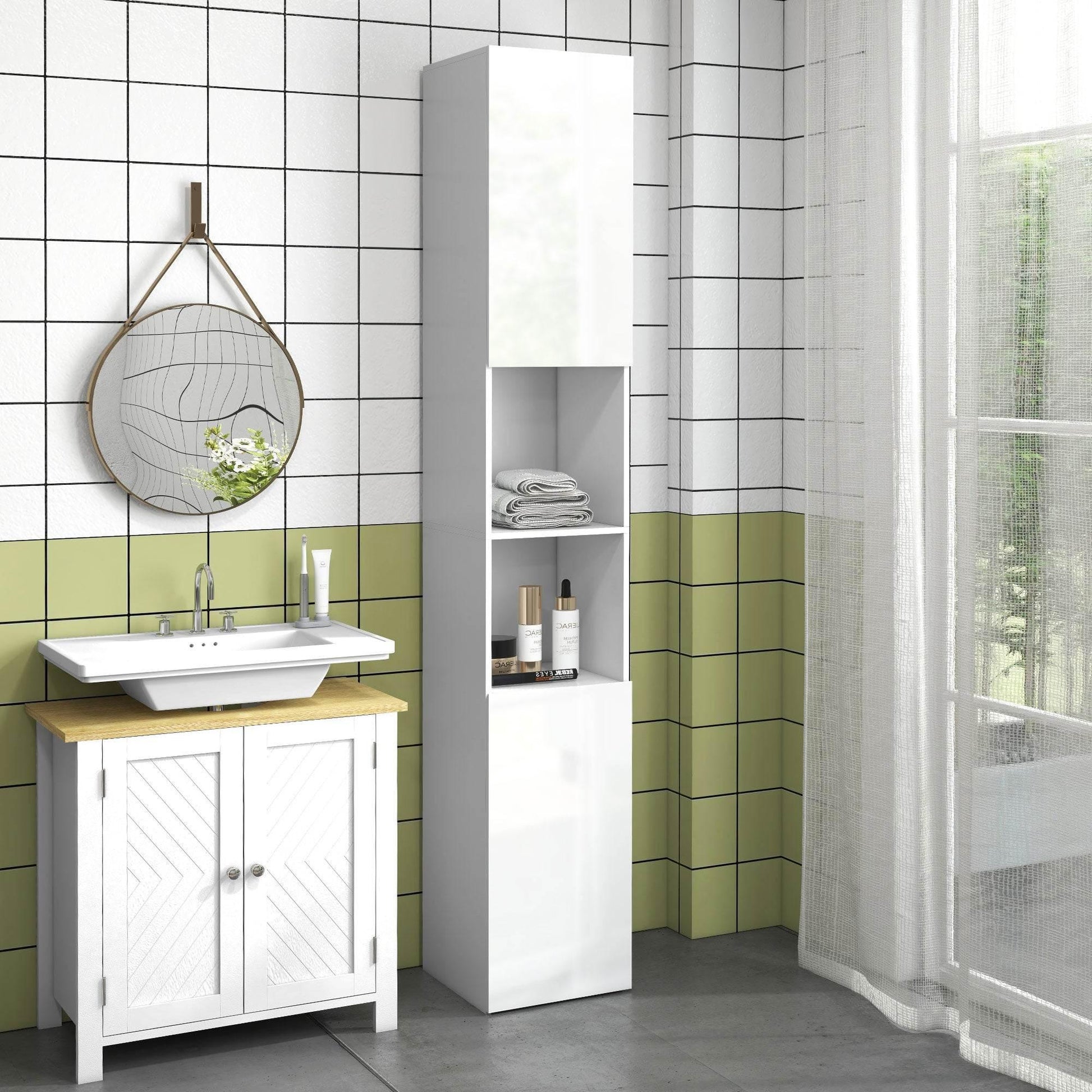 HOMCOM Sleek High Gloss White Slim Bathroom Storage Cabinet with Adjustable Shelves - ALL4U RETAILER LTD