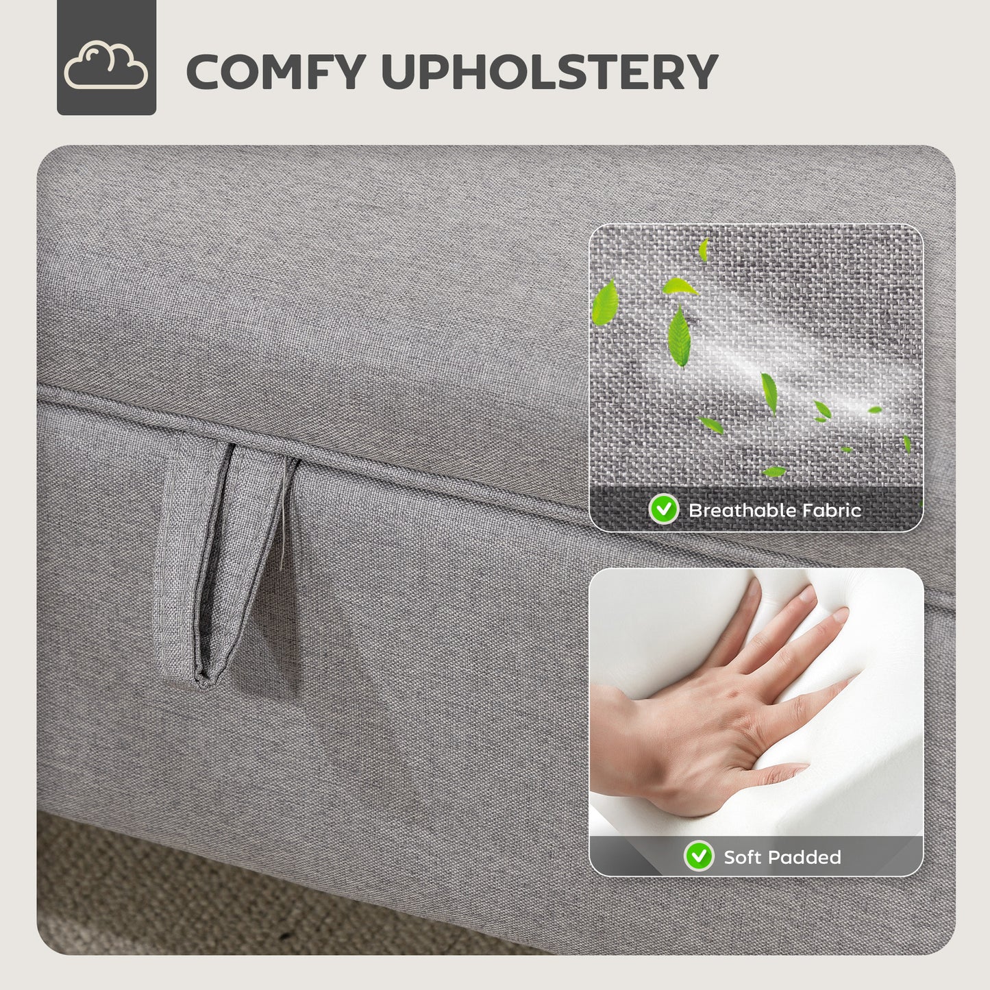 HOMCOM Linen Storage Ottoman 16L Padded Footstool With Rubberwood Legs For Storage Bed End Shoe Bench Seating Light Grey