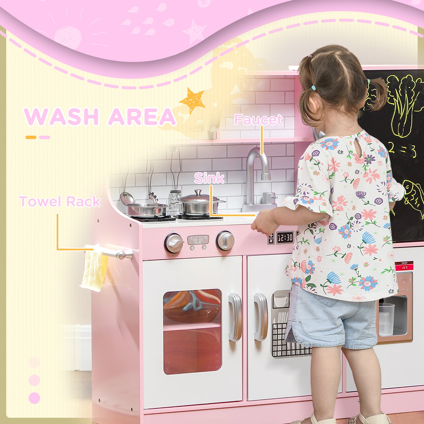 AIYAPLAY Deluxe Pretend Play Kitchen Set for Kids with Accessories - Toy Phone, Chalkboard, Microwave, Stove & Sink