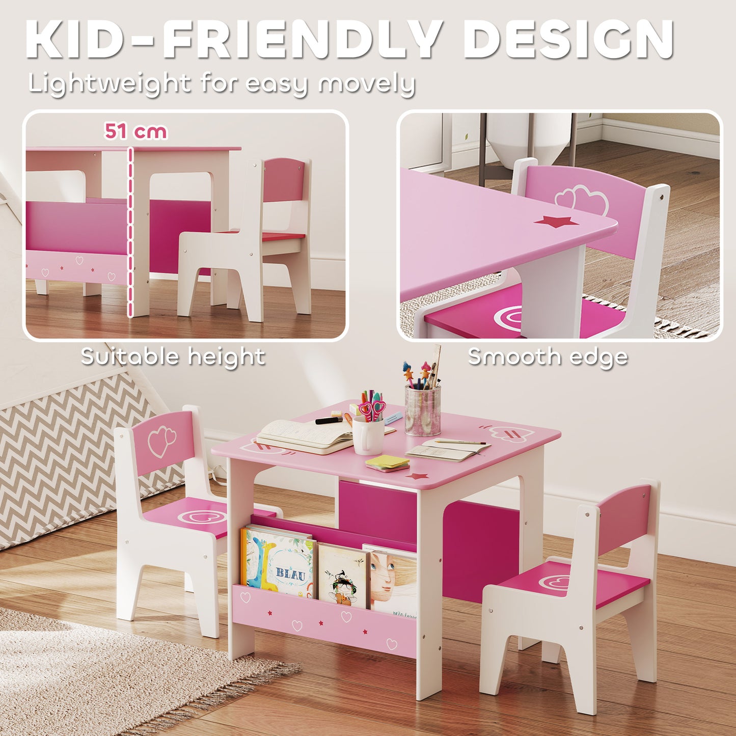 AIYAPLAY 3 Pieces Kids Table And Chair Set Pink With Built In Book Racks Toddler Activity Table For Living Room