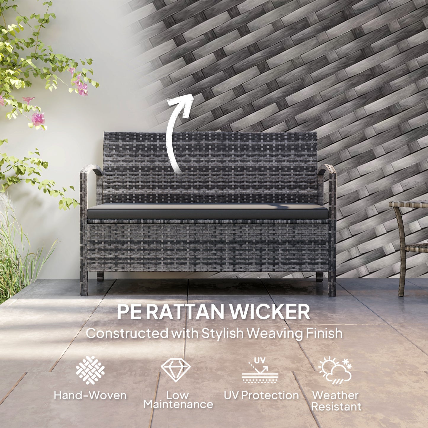 Outsunny 125L Storage Garden Bench With Cushion Grey Two In One Rattan Wicker Seat And Storage Box