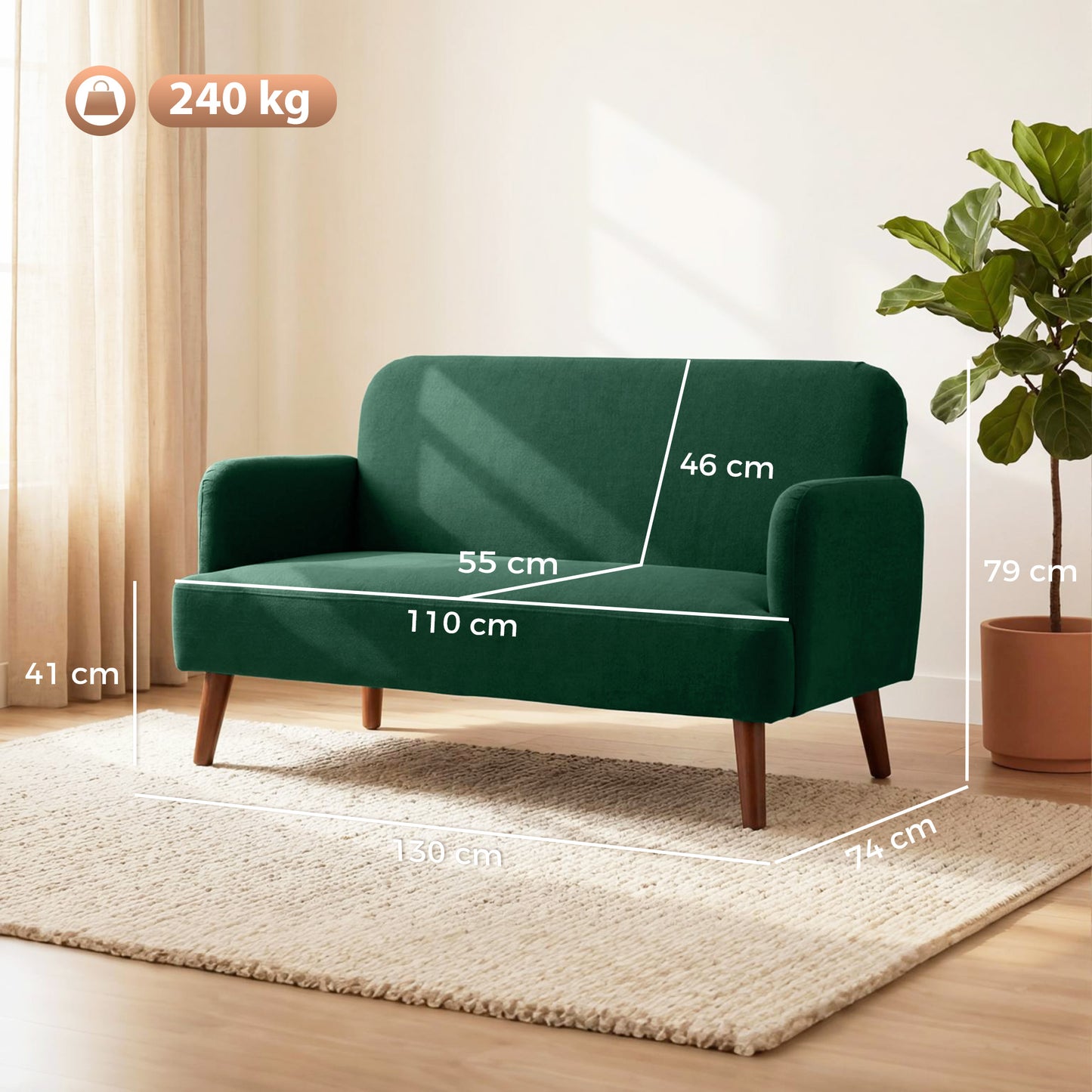 HOMCOM Velvet Feel Fabric 2 Seater Sofa Dark Green With 21cm Thick Padding And Wood Legs