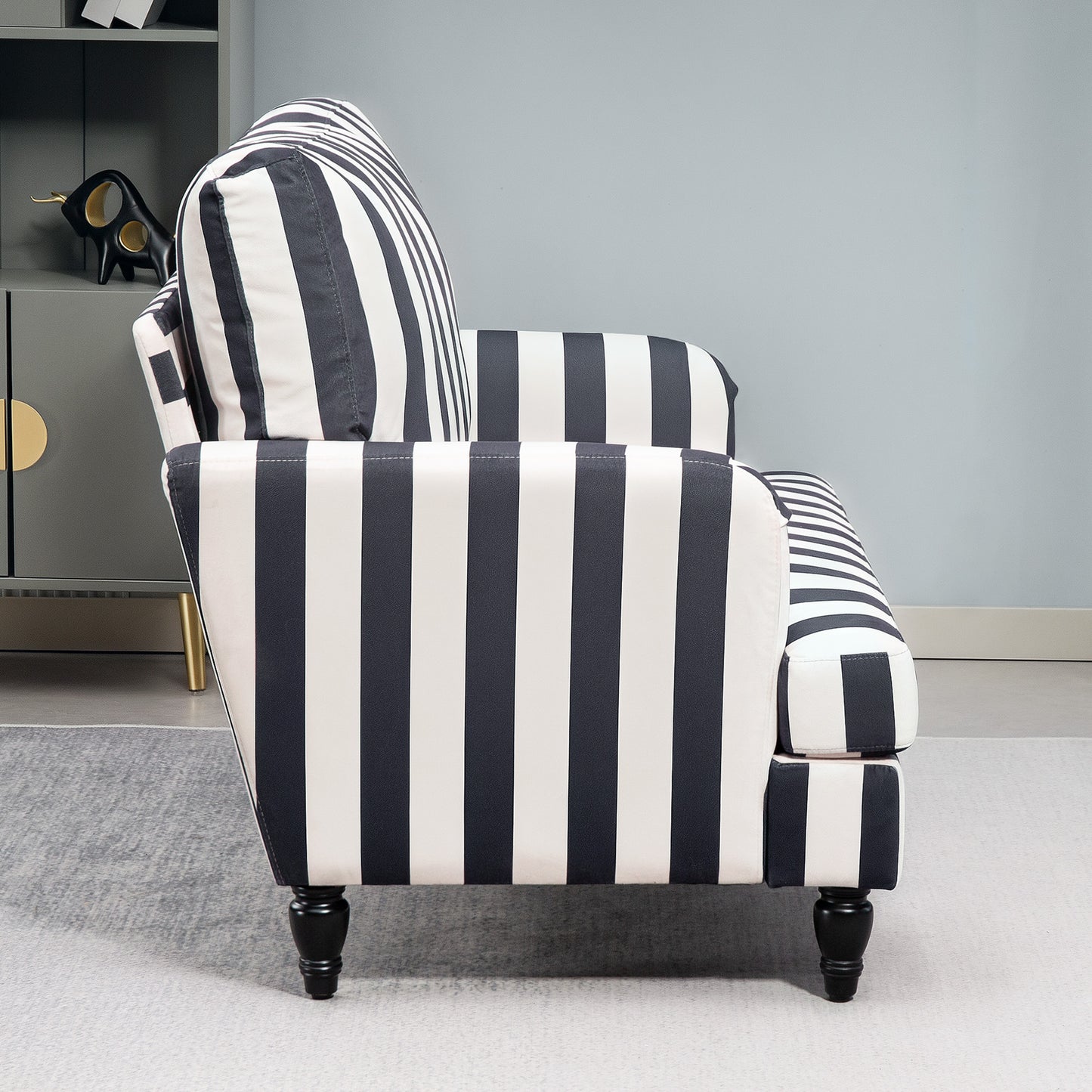 HOMCOM Modern Velvet Cuddle Chair With Stripe Armchair Turned Legs Wide Seat For Living Room And Bedroom Black And White