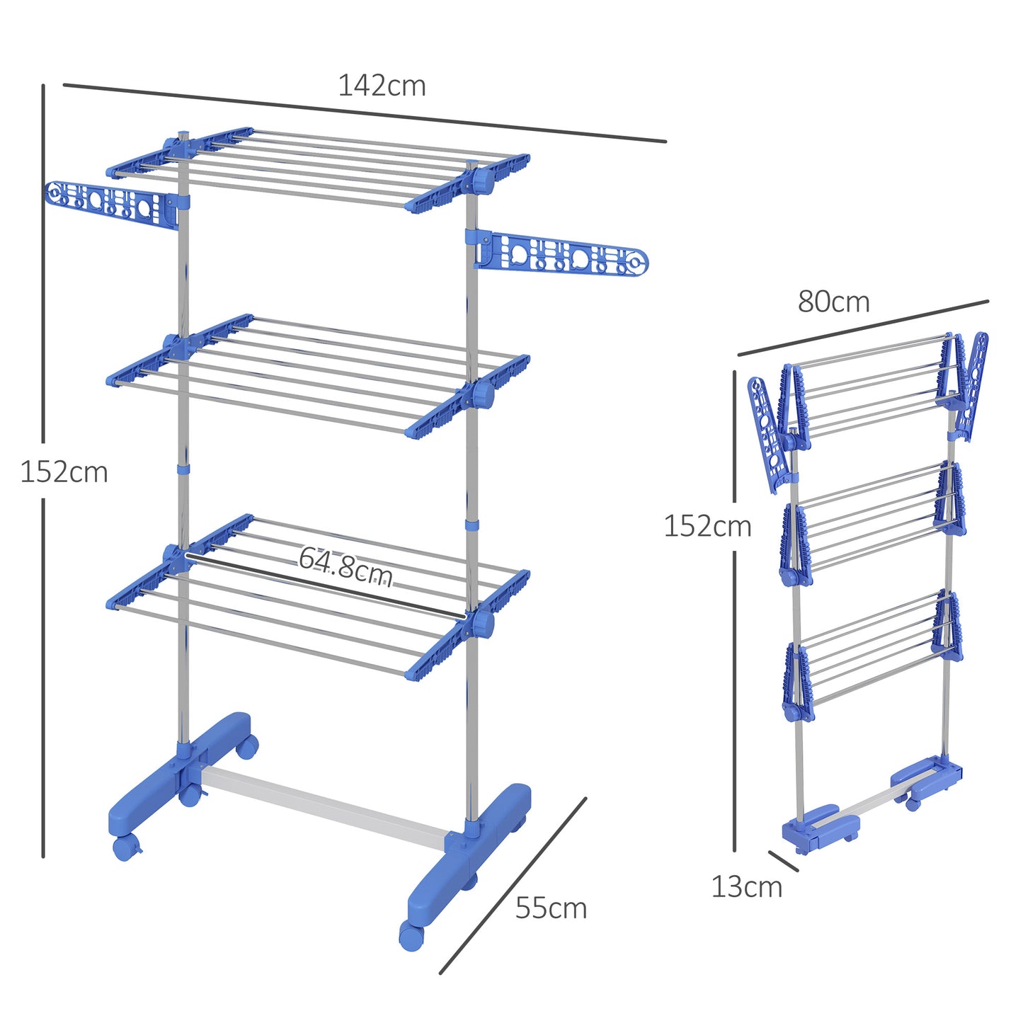 HOMCOM Three Shelf Collapsible Clothes Horse With Side Arms And Wheels In Blue For Easy Drying
