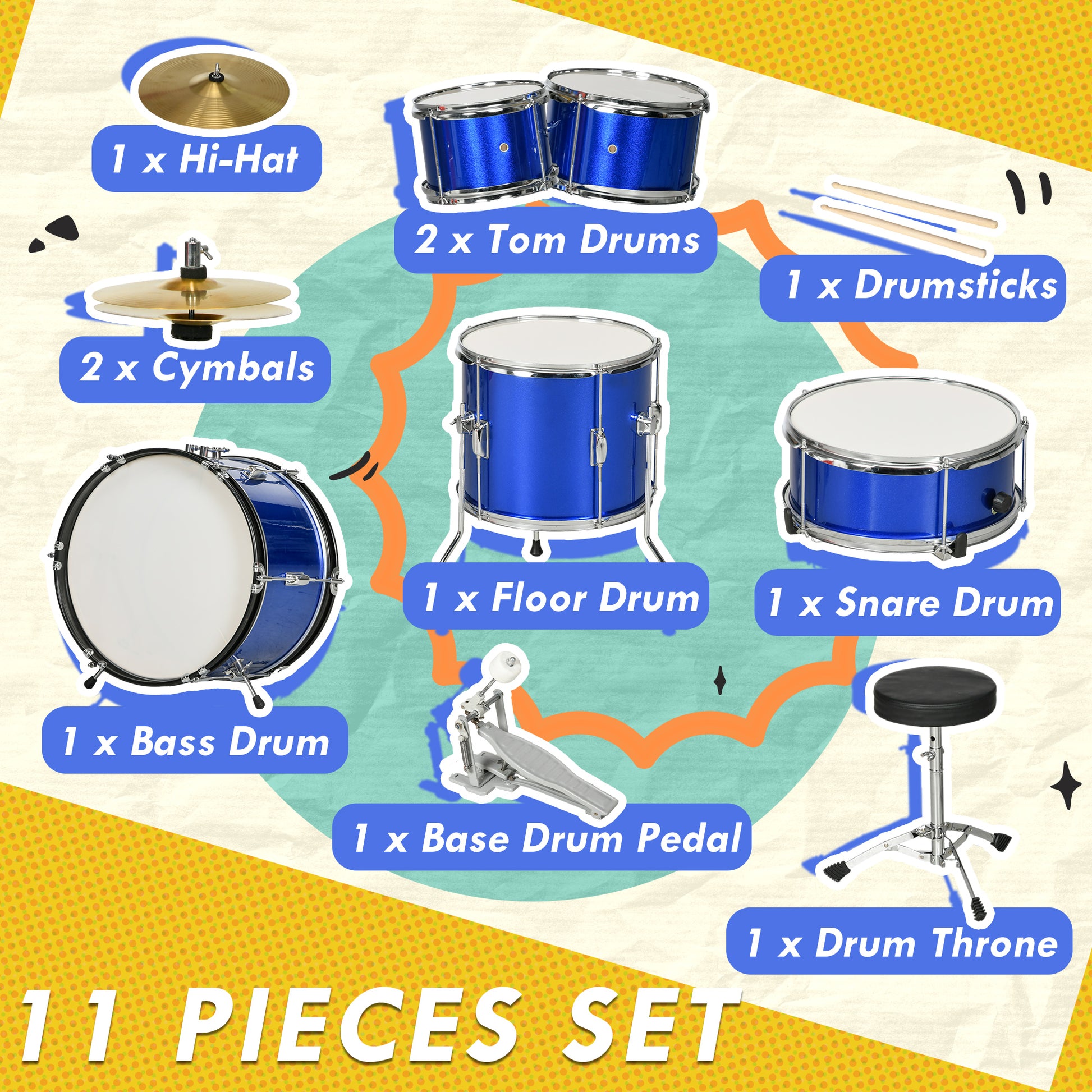 AIYAPLAY 11-Piece Children’s Drum Set with Adjustable Stool, Drumsticks, Pedal, and Cymbals - Perfect for Ages 3-6, Blue - ALL4U RETAILER LTD