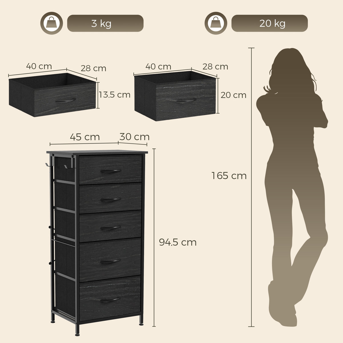 Homcom Chest Of Drawers With Five Fabric Drawers And Steel Frame Black