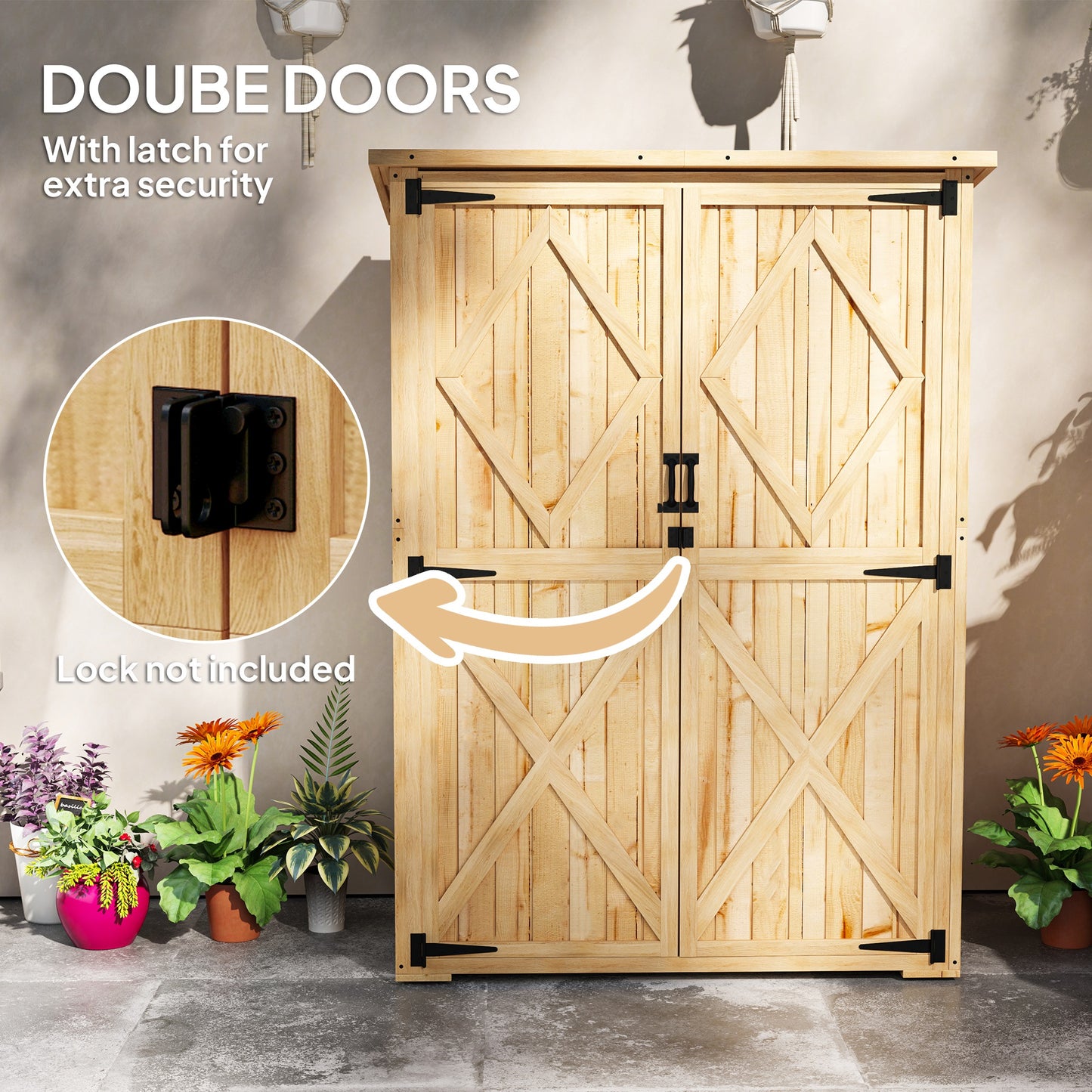 Outsunny Wooden Garden Storage Shed With Asphalt Roof Double Doors And Two Shelves For Garden Tools Equipment Natural