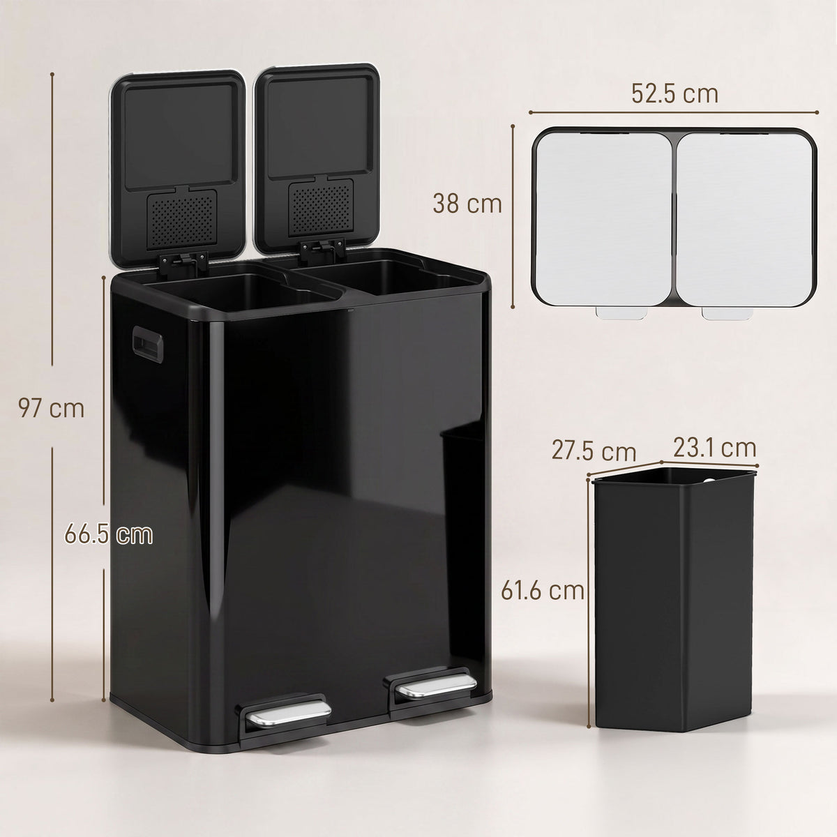 Homcom Double Kitchen Waste Bin 2x30L Pedal Soft Close Lids Black