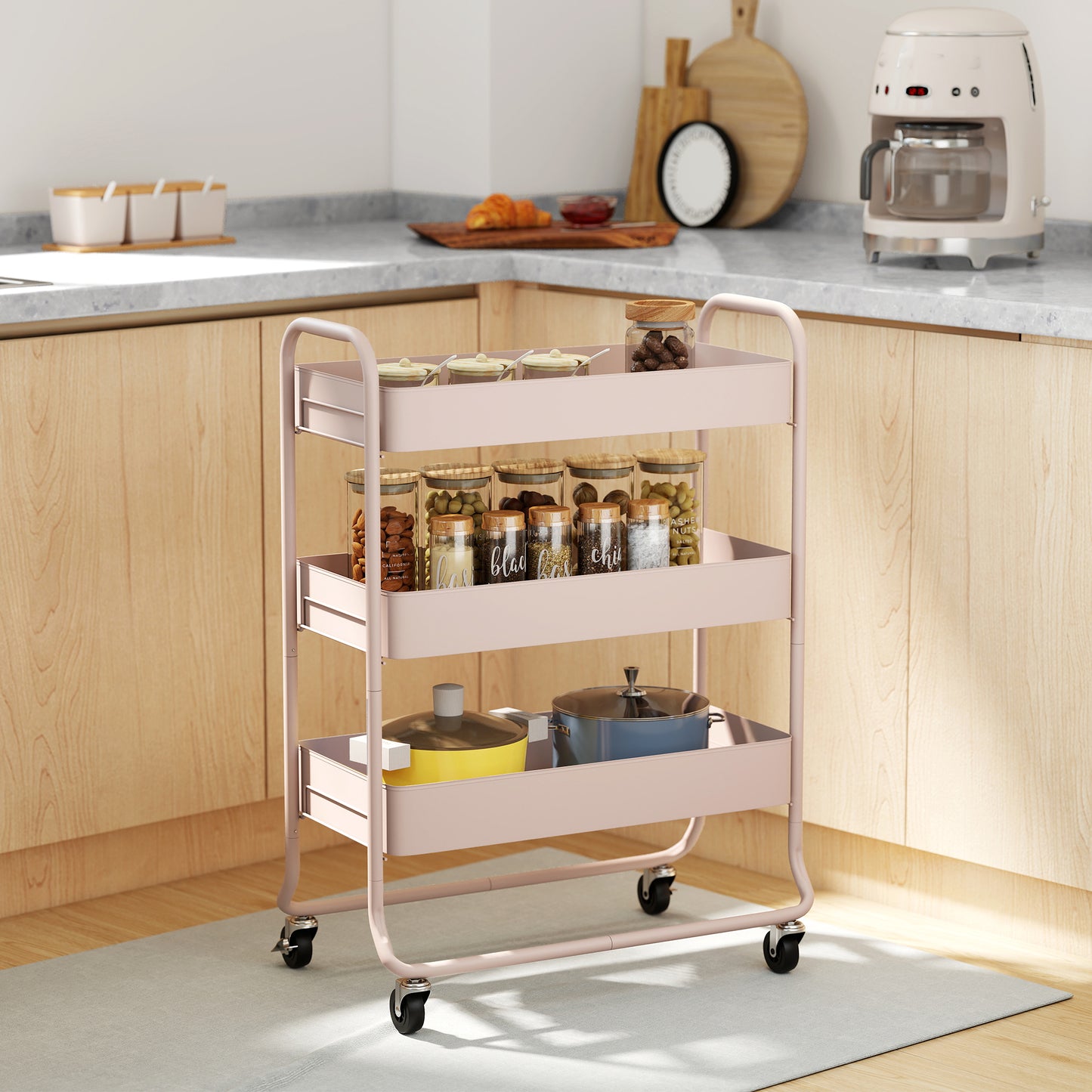 HOMCOM Three Tier Storage Trolley On Wheels With Mesh Baskets In Light Pink For Kitchen Bathroom And Bedroom