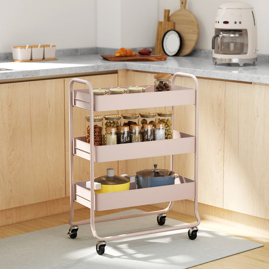 HOMCOM Three Tier Storage Trolley On Wheels With Mesh Baskets In Light Pink For Kitchen Bathroom And Bedroom