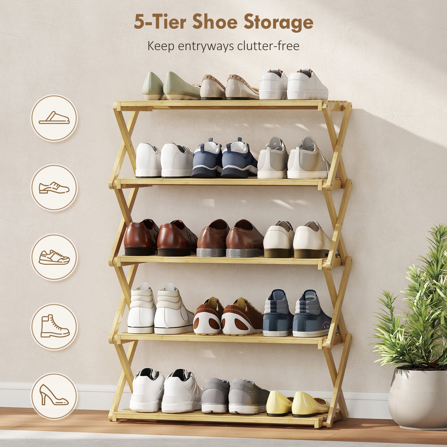 HOMCOM Five Tier Folding Bamboo Shoe Rack That Holds Up To 15 Pairs With Natural Finish