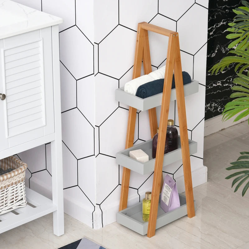 Kleankin 3-Tier Bamboo Bathroom Storage Shelves: Freestanding A-Frame Toilet Rack for Space Saving Organization - Natural Slim Shelving Unit