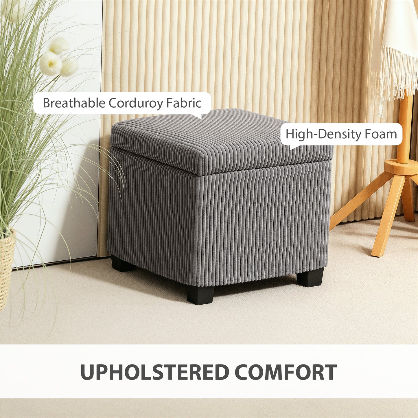 HOMCOM Corduroy Storage Ottoman Bench With Wooden Legs 40cm Bed End Bench 30L Storage Grey For Living Room Entryway