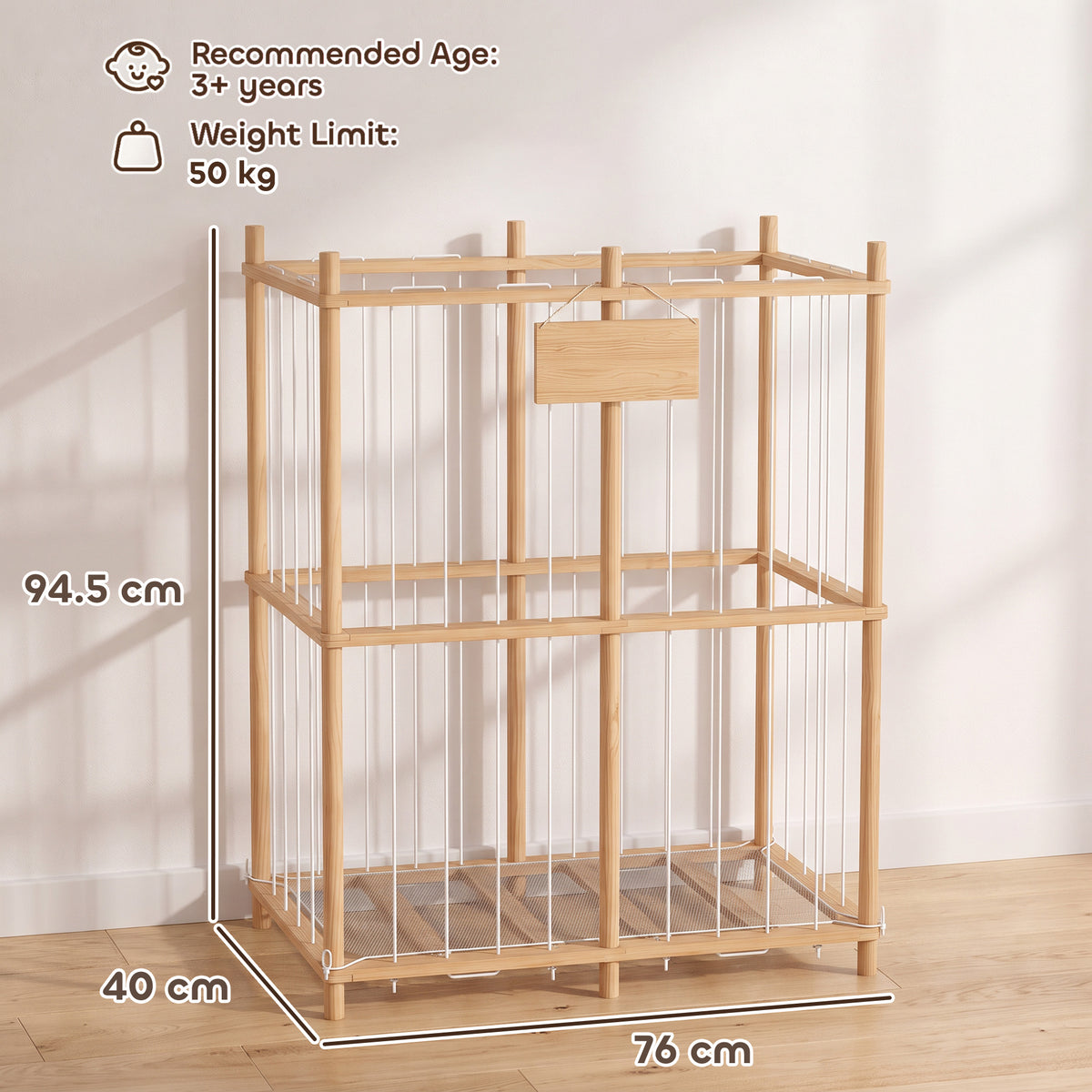 Wooden stuffed animal storage zoo organizer with measured dimensions on frame
