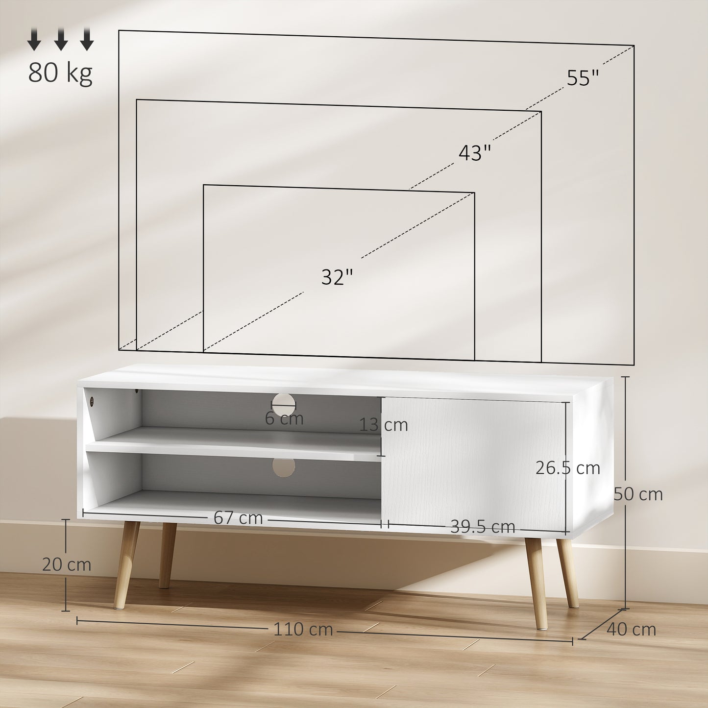 HOMCOM TV Stand Up To 55 Inches White Media Console With Open Shelves And Cable Holes