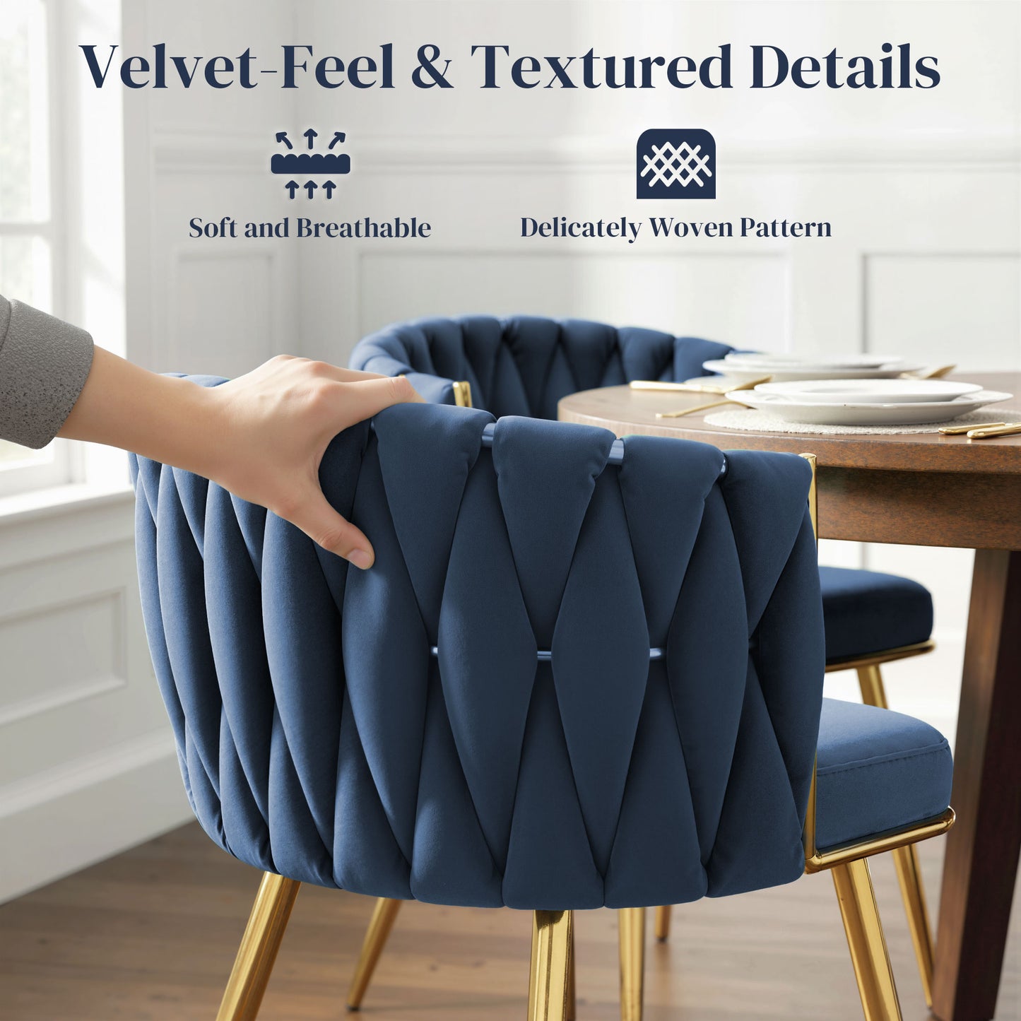 HOMCOM Velvet-Feel Dining Chairs Set of 2 with Knot Back and Gold Legs, Dark Blue