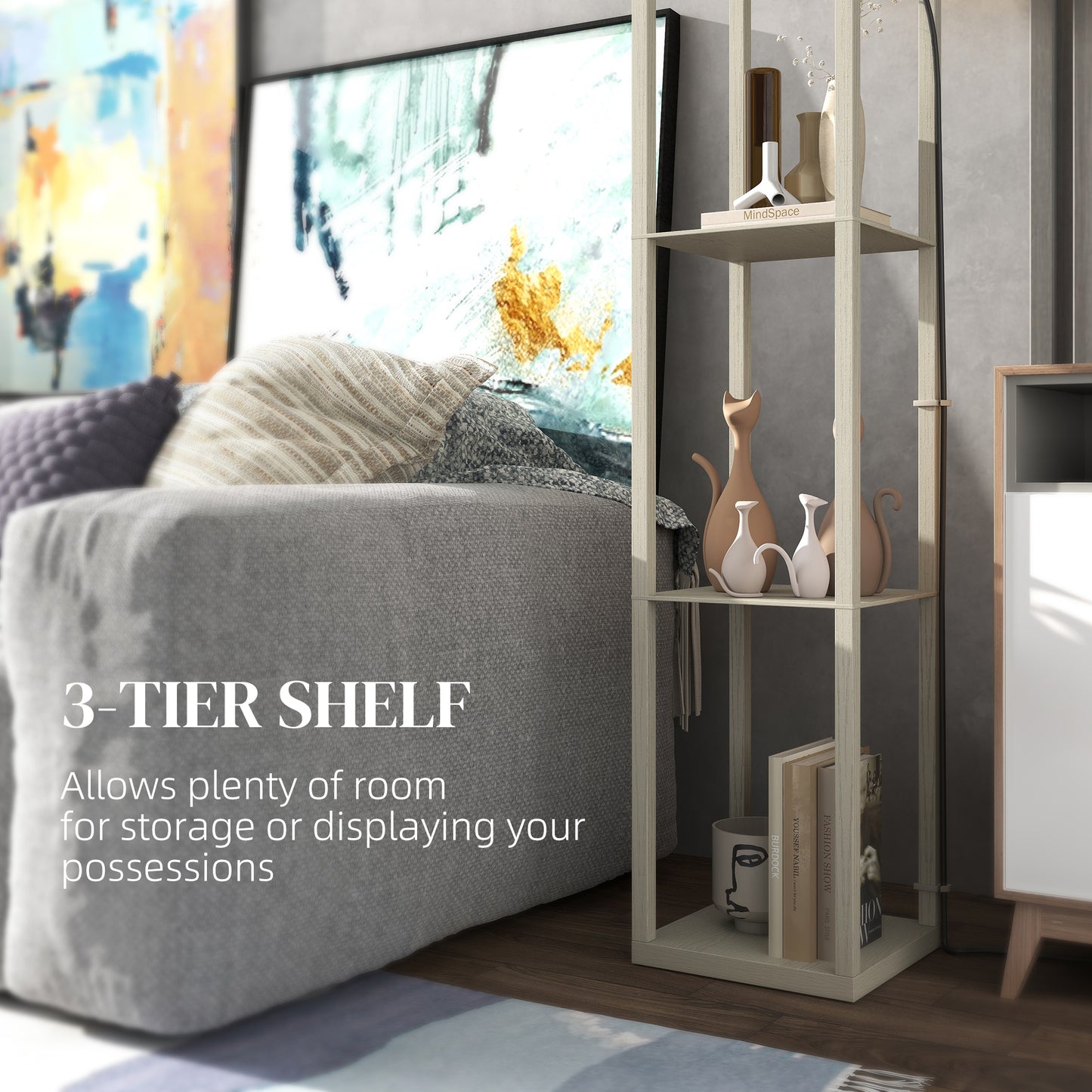 HOMCOM Three Shelf Standing Lamp Oak White With Storage Shelves And Reading Light For Living Room