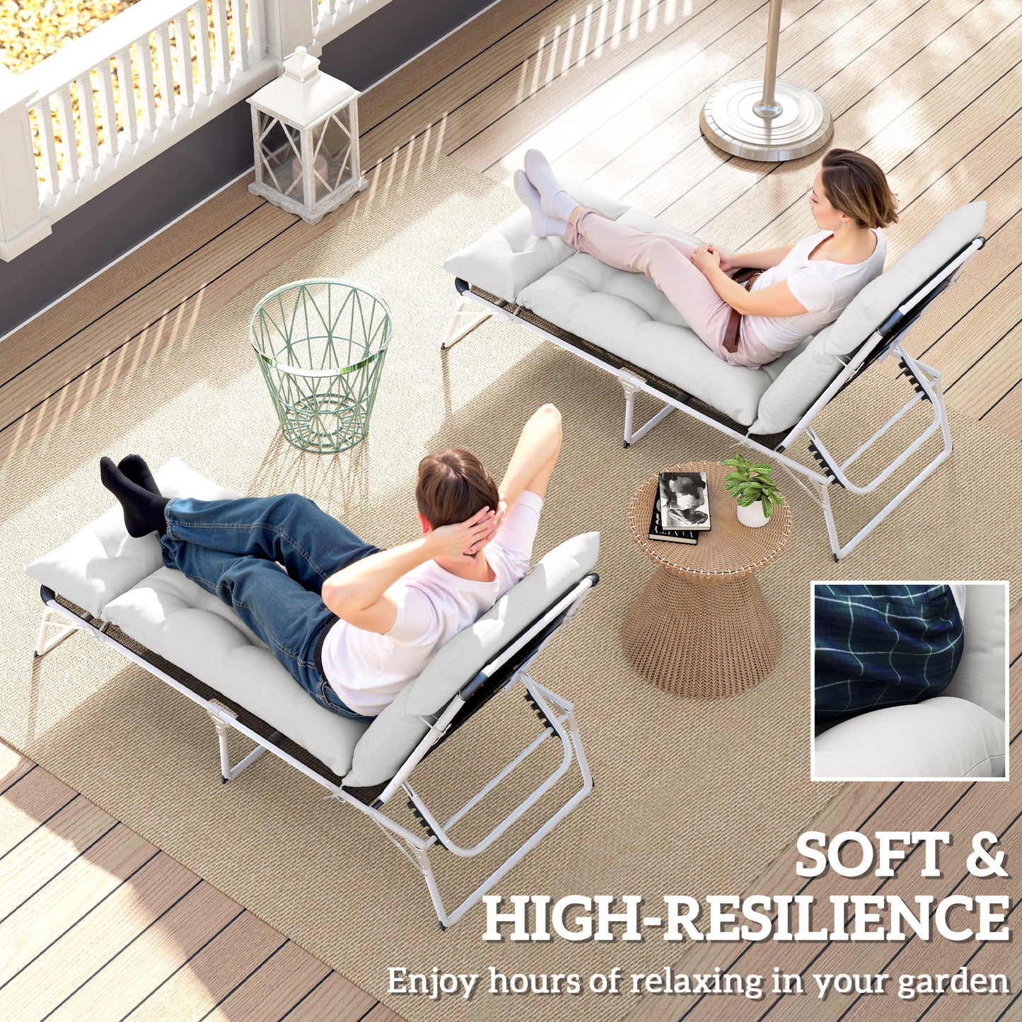 Outsunny Set Of Two 190 X 56 Cm Sun Lounger Cushions Light Grey With PP Foam Fill And Tie Fasteners